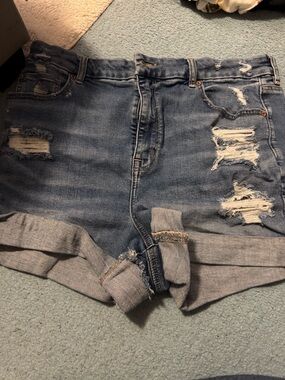 American Eagle Outfitters Distressed Light Blue Denim Roll-Cuff Shorts